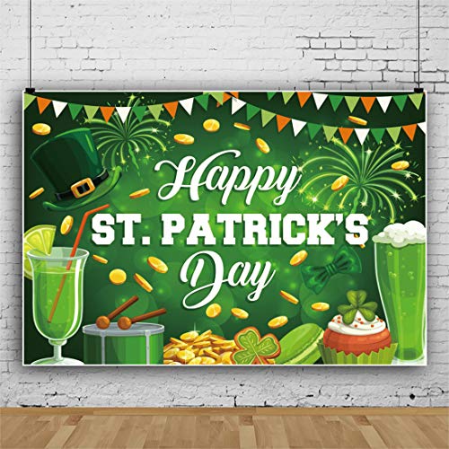7x5ft Polyester Happy St.Patrick's Day Backdrop Cartoon Green Four-Leaf Clover Green Hat Pot of Gold Photography Background Lucky Irish Shamrock for Children Baby Adults Portraits Photo Studio - color: Green 39852