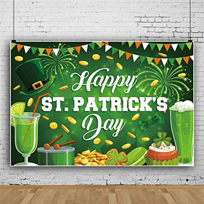 7x5ft Polyester Happy St.Patrick's Day Backdrop Cartoon Green Four-Leaf Clover Green Hat Pot of Gold Photography Background Lucky Irish Shamrock for Children Baby Adults Portraits Photo Studio - color: Green 39852