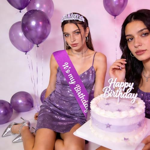 YISSION Purple Rhinestone Birthday Tiara and Sash Set, "It's my Birthday" Glitter Sash with Crystal Crown for Women, Birthday Party Decorations, Photo Props & Milestone Celebration Gifts - color: Purple