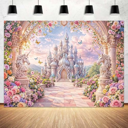 7 x 5 ft Pink Castle Backdrop Princess Dreamy Castle Floral Butterfly Fairy Fantasy Sky Garden Palace Background Girly Party Decorations Banner Photo Booth Props Supplies - color: Multi7, size: 7x5ft