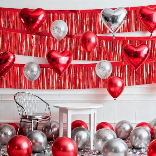 4 Packs Foil Fringe Garland Tinsel Streamers Shiny Wall Hanging Birthday Banner Backdrop for Graduation Wedding Anniversary Celebration Happy Birthday Party Decorations Red - color: Red