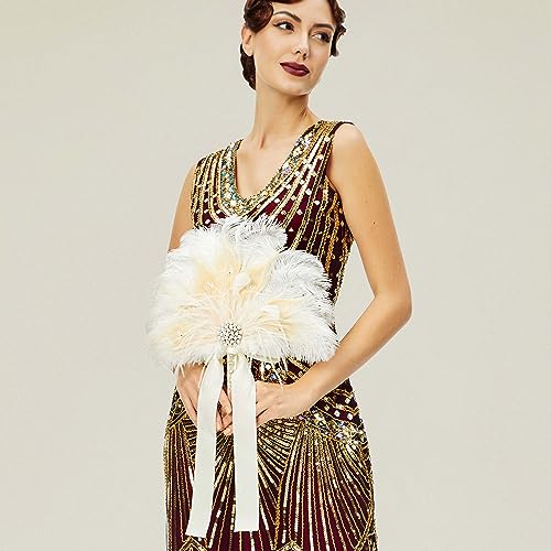 BABEYOND Vintage Bridal Feather Bouquet 1920s Ostrich Feather Fan Crystal Bridesmaid Bouquet 20s Gatsby Wedding Bouquet Flapper Accessories (Apricot) - color: Apricot