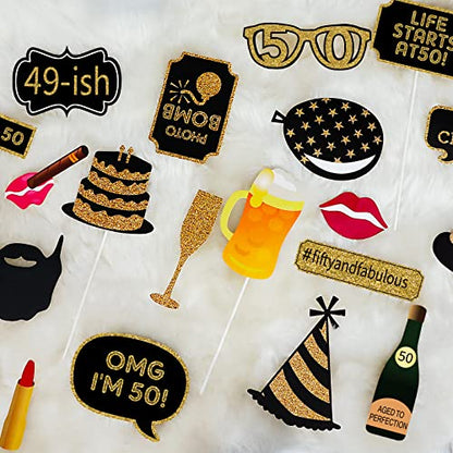 50th Birthday Photo Booth Props - 41 Pcs Black and Gold Funny Birthday Party Decorations for Men & Women, Fifty and Fabulous Anniversary Party Supplies,50th Printed Gold Glitter Selfie Props Kit