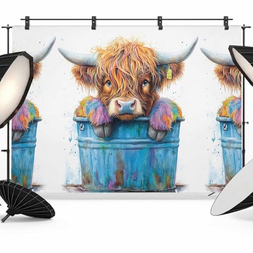 Highland Cattle Backdrop for Photography, Farmhouse Cow Funny Animal Photo Backdrop Portrait Background Party Banner Photo Backgrounds for Studio Booth Props, 7x5ft - color: White Mocha Brown Tan Light Blue, size: 7x5FT