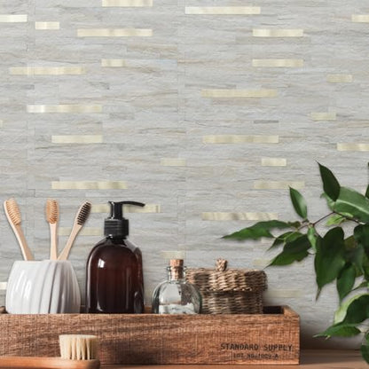 AULIGET Faux Stone Peel and Stick Backsplash, PVC Wall Tile Stick on Backsplash for Kitchen and Bathroom (2, Beige Marble Look) - color: Beige Marble + Metal Gold, size: 2 Sheets, 6"x12"x0.12"