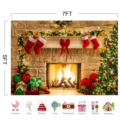 7x5ft Christmas Fireplace Theme Backdrop for Photography Tree Sock Decorations for Xmas Party Supplies Photo Background Pictures Banner Studio Decor Booth Props - size: 7ft by 5ft