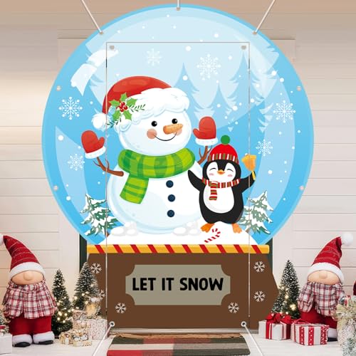 Winter Snow Globe Porch Sign Banners Snowflake Ball Photography Backdrop Snowman Penguin Hanging Banners Backdrop Christmas Party Photo Props for Home Xmas Holiday Party Decors Supplies