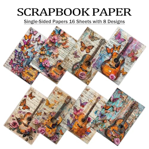 PRSTINCOL Scrapbook Paper,16 Sheets 4.1x5.8 Inch Guitar Butterfly Style Scrapbook Paper,Single-Sided Vibrant Origami Decoupage Papers for Diy Crafts, Card Making, Art Journaling - color: Guitar_Butterfly