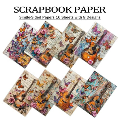 PRSTINCOL Scrapbook Paper,16 Sheets 4.1x5.8 Inch Guitar Butterfly Style Scrapbook Paper,Single-Sided Vibrant Origami Decoupage Papers for Diy Crafts, Card Making, Art Journaling - color: Guitar_Butterfly