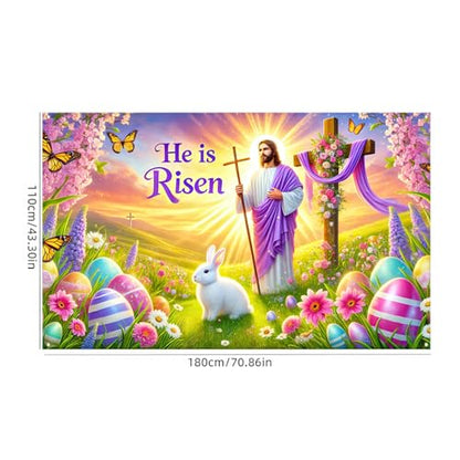BlissYard Happy Easter Banner 71x43 Inch He is Risen Easter Backdrop Spring Christian Cross Lily Jesus Photography Background Religious Party Decorations Photo Banner Booth Studio Props - color: He is Risen Banner#1
