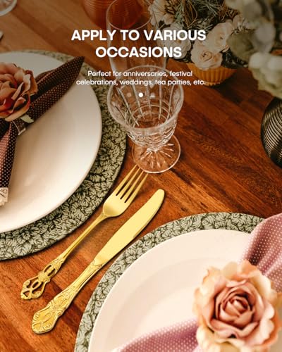 Stapava 40 Pcs Retro Royal Gold Silverware Set, Stainless Steel Gold Utensils Cutlery Set for 8, Gorgeous Flatware Set Include Forks Spoons and Knives set, Dishwasher Safe, Mirror Polished - style: Retro Royal Gold