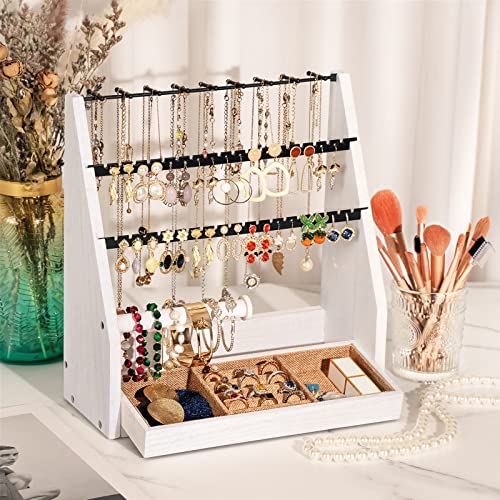 DGWJSU Earring Organizer, 5 Layer Earring Holder Organizer with Necklace Holder, Rustic Wood Jewelry Organizer Stand Display for Stud Earring Bracelet Necklace Ring, Watches - color: White