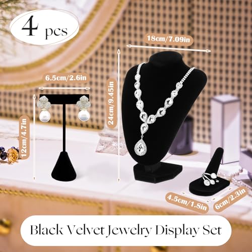 Wenqik 3 Pcs Velvet Jewelry Display Set Velvet Necklace Bust Holder T Shape Earring Stand Ring Finger Jewelry Holder, Black - color: Black