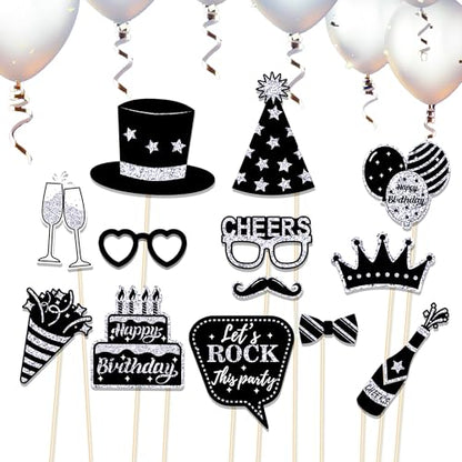 36Pcs Silver Birthday Photo Booth Props, Glitter Silver Party Decorations, Letter Print Card Material
