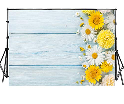Sensfun 10x6.5ft Vinyl Blue Wood Photo Booth Backdrops Spring Wedding Yellow White Daisy Flowers on Light Wood Wall Photography Background for Baby Shower Children Newborn Photo Studio Props(WP094) - color: WP094, size: 10x6.5ft