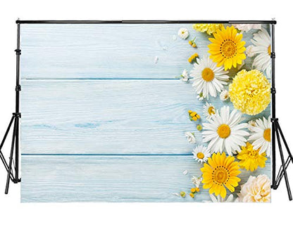 Sensfun 8x6ft Blue Wood Photo Backdrop Spring Theme Yellow White Daisy Flowers on Light Wood Plank Photography Background for Wedding 1st Birthday Party Photobooth Banner Photo Studio Props(WP094) - color: WP094, size: 8x6ft