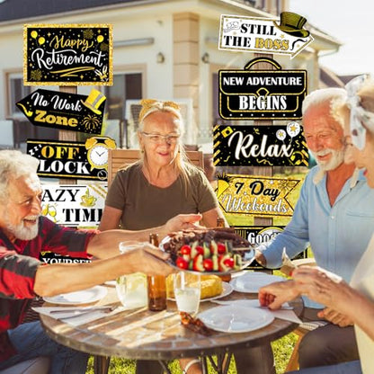 Hooqict Retirement Party Decorations 20 Pieces Happy Retirement Party Signs for Black and Gold Retirement Theme Party Decor Directional Banner Sign Retirement Birthday Party Supplies - style: Retirement