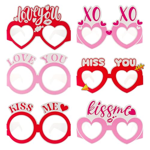 Valentine's Day Paper Glasses Eyewear - 6Pcs Pink Red Heart I Love You Eyeglasses Photo Props, Romantic Party Favors Eyewear for Couples, Galentine's & Date Night - color: Pink Red
