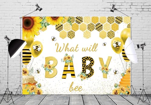 9x6ft Baby Shower Backdrop What Will Baby Bee Yellow Flower Background Kids Party Supplies Wall Banner Cake Table Decor Newborn Gender Reveal Neutral Photography Photo Booth Studio Props - size: 9x6ft