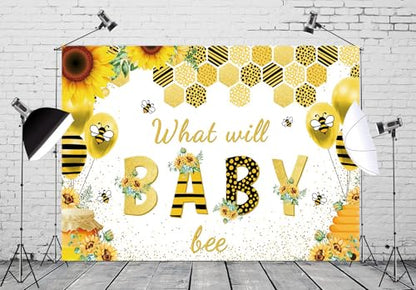 9x6ft Baby Shower Backdrop What Will Baby Bee Yellow Flower Background Kids Party Supplies Wall Banner Cake Table Decor Newborn Gender Reveal Neutral Photography Photo Booth Studio Props - size: 9x6ft