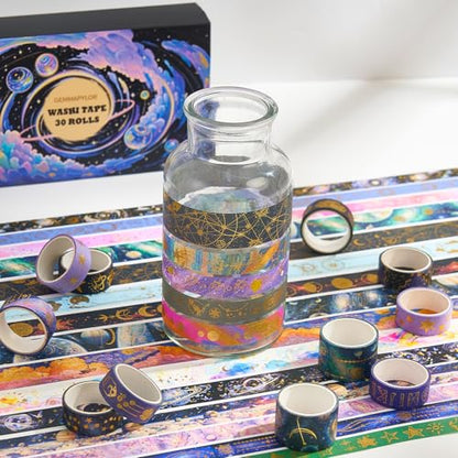 Gold Foil Washi Tape Set 30 Rolls,Celestial Decorative Masking Tape for Junk Journal, Journaling & Scrapbook Supplies, DIY Crafting Supplies - style: Galaxy