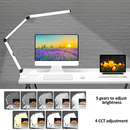 Micomlan LED Desk Lamp for Home Office, Architect Clamp Desk Lamp with Remote Control, Adjustable Dimmable Swing Arm Clamp on Table Light Clip-on Dual Light 5 Brightness Levels & 4 CCT Modes - color: White+Remote