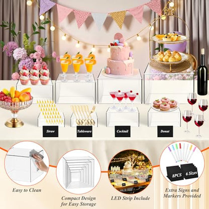 8 Pcs Clear Acrylic Buffet Risers with LED Fairy Lights, Acrylic Food Risers with Mini Sign and Maker, Clear Buffet Risers and Stands for Party Catering Dessert Collectibles(9" 8" 7" 6" 5" 5" 4" 4" ) - size: 9" 8" 7" 6" 5" 5" 4" 4"