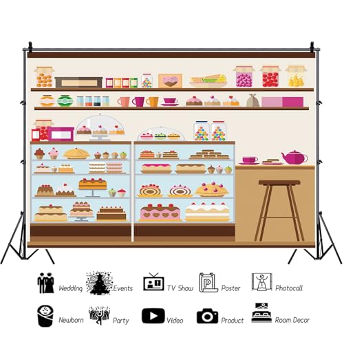 15x10ft Bakery Cafe Goods Shelf Backdrop Birthday Cake Lollipop Jelly Bean Cupcake Cartoon Sweets Shop Photography Background Bakery Shop Birthday Party for Girls Boys Portrait Photo Prop - size: 15x10ft