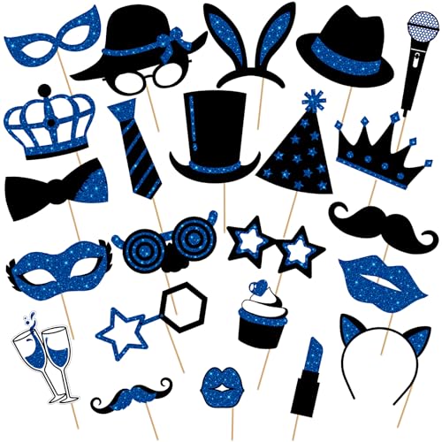 Zonon 24 Pcs Funny Photo Booth Props Class of 2026 Graduation Birthday Wedding Family Class Reunion Prom Disco Party Celebration Decoration Supplies Mix of Hats, Lipstick, Tie(Blue and Black) - color: Blue and Black
