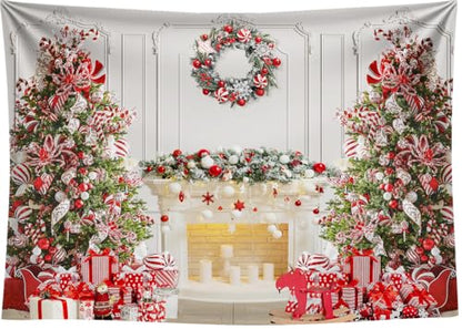 7x5 FT Christmas Fireplace Backdrop White Fireplace Red Xmas Tree Photography Background Winter Christmas Family Kids Holiday Party Theme Decorations Banner Photo Booth Props - size: 7x5 FT