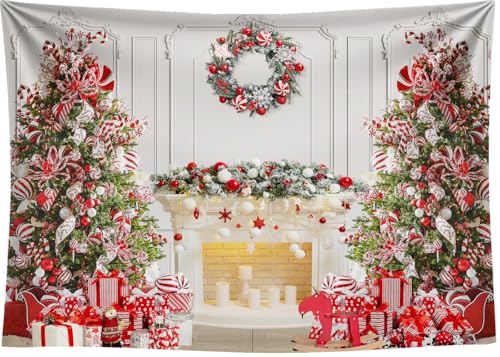 8x6 FT Christmas Fireplace Backdrop White Fireplace Red Xmas Tree Photography Background Winter Christmas Family Kids Holiday Party Theme Decorations Banner Photo Booth Props - size: 8x6 FT