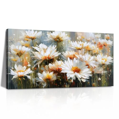 LKY ART Floral Wall Art Canvas Print White Daisy Greenish-blue and Orange Flowers Pattern for Living Room Bedroom Home Office Wall Decoration 20" x 40" - color: white, size: 40"L x 20"W