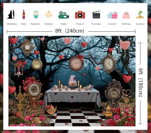 Wonderland Enchanted Forest Backdrop Rose Floral Pocket Watch Cake Table Checkerboard Tea Party Photography Background Kids Adult Birthday Baby Shower Halloween Party Decor Banner Photo Props (8x6FT)