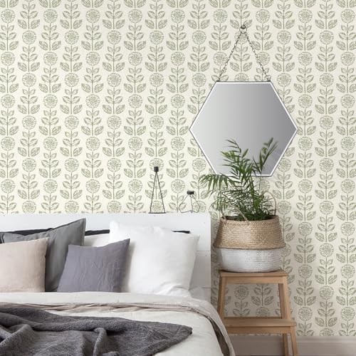 Wudnaye Vintage Floral Peel and Stick Wallpaper Beige Floral Contact Paper 17.7in × 393.7in Tulip Self Adhesive Wallpaper Boho Flowers Removable Waterproof Wall Paper for Bathroom Bedroom Decorative - color: Green, size: 17.7" x 393.6"