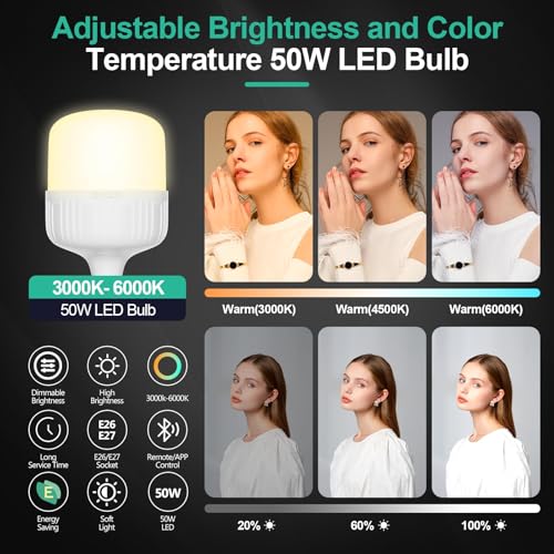 EMART Full Spectrum Light Bulb, 50W Dimming 3000K-6000K LED Lamp for Softbox Lighting Kit, Photography Studio, Home, Office, Garden, Grow Plant -2 Packs - size: 50w-2 Packs