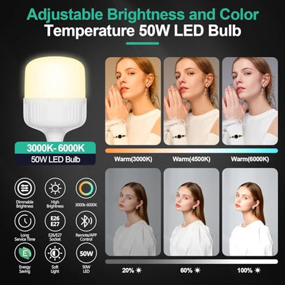 EMART Full Spectrum Light Bulb, 50W Dimming 3000K-6000K LED Lamp for Softbox Lighting Kit, Photography Studio, Home, Office, Garden, Grow Plant -2 Packs - size: 50w-2 Packs