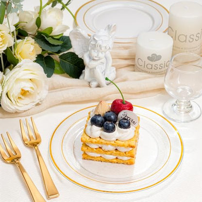 bUCLA 100 Pieces Clear Gold Plastic Plates Disposable - 6.25 Inch Clear Plastic Dessert Plates with Gold Trim for Party, Wedding & Thanksgiving - color: 6.25Inch-100pcs-Clear Gold