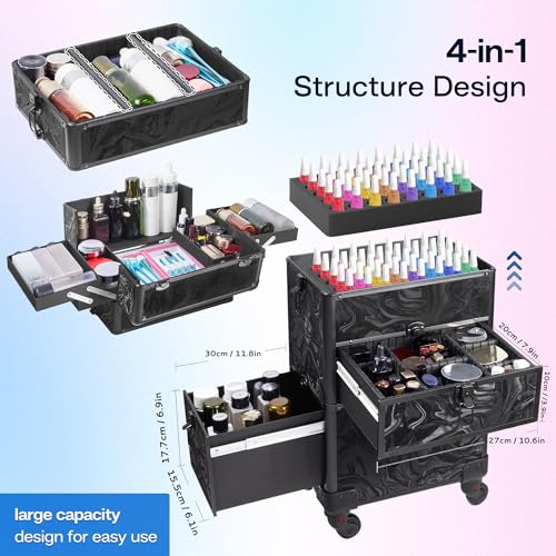 Somduy Rolling Makeup Case with Drawer, Makeup Train Case, 4 in 1Cosmetology Case on Wheels, Christmas Gift, Large Makeup Organizers, Profesional Cosmetic Case for Salon Barber, Pattern Black - color: Pattern Black