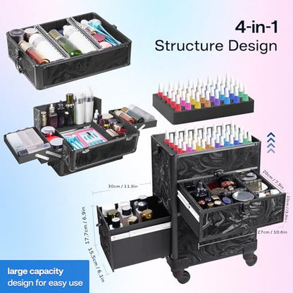 Somduy Rolling Makeup Case with Drawer, Makeup Train Case, 4 in 1Cosmetology Case on Wheels, Christmas Gift, Large Makeup Organizers, Profesional Cosmetic Case for Salon Barber, Pattern Black - color: Pattern Black