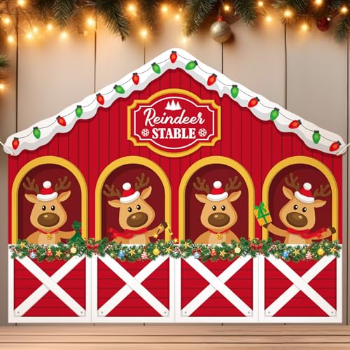 Panelee 8 x 6.5ft Christmas Reindeer Backdrop Decoration Reindeer Stable Backdrop Banner Xmas Elk Photo Background for Home Winter Holiday Party Decor Indoor Outdoor Photo Props Supply - style: Modern