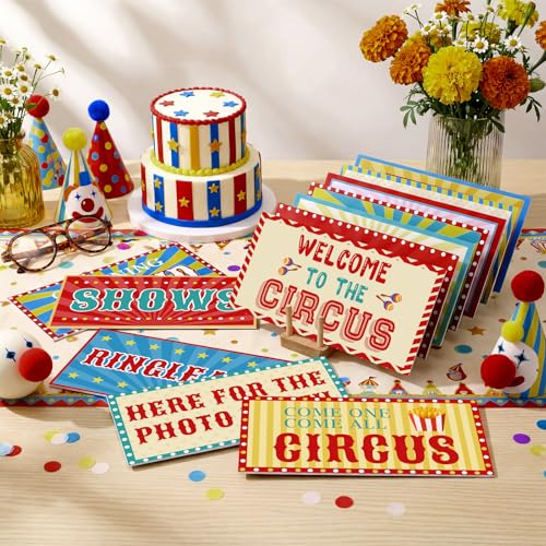 Beeveer 24 Designs Carnival Party Decorations Photo Booth Props Circus Decorations Double Sided 11.2 x 5.5''Funny Carnival Birthday DIY Waterproof Selfie Signs PVC Printing Photo Props for Decor - color: Colorful, style: Carnival