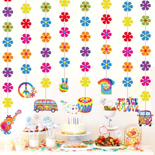 Duraaamo 8 Pcs 60's Hippie Paper Garland Kit Decoration Groovy Retro Flower Ceiling Hanging Banner Tie Dye Hanging Cutouts Groovy Hippie Party Supplies for 60s 70s Birthday Baby Shower Party Decor - color: Retro Color, size: Hippie