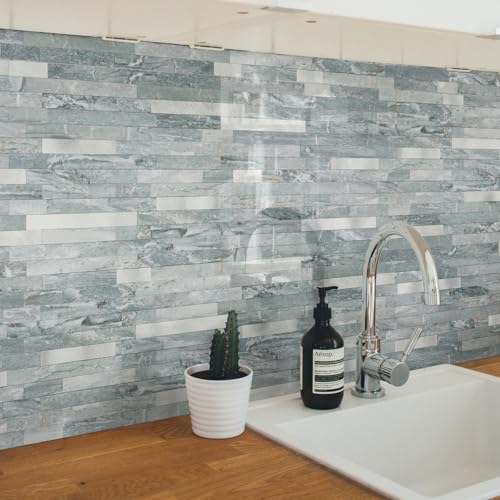 Yipscazo 10 Sheets Peel and Stick Stone Metal Tile Backsplash, Stick on Tiles for Backsplash Kitchen, Bathroom, Laundry Room, Camper, Fireplace (12'' X 12'', Polished Cyan) - color: Polished Cyan