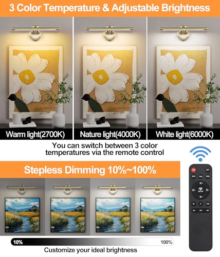 Tassuowell Picture Light for Wall, Battery Operated Art Light, Picture Frame Light with Remote & Timer, Cordless Wall Light with 3 Colors Modes for Pantings, Photo Gallery(Antique Bronze, 15.7inch) - color: Antique Bronze, size: 15.7inch