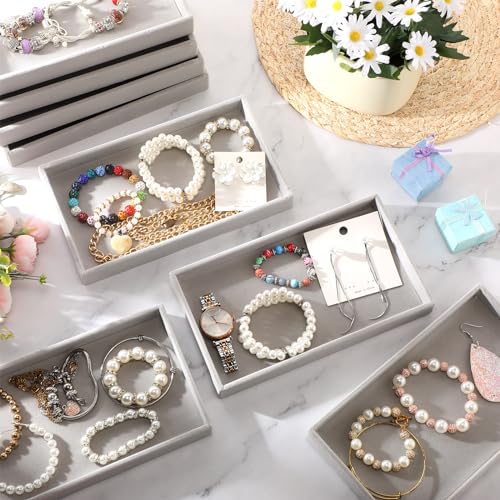 Inbagi 16 Pcs Small Velvet Jewelry Tray Stackable Jewelry Drawers Organizer Trays Storage Display Trays for Earring Ring Necklace Bracelet 8.3 x 5 x 1 Inches, Grey