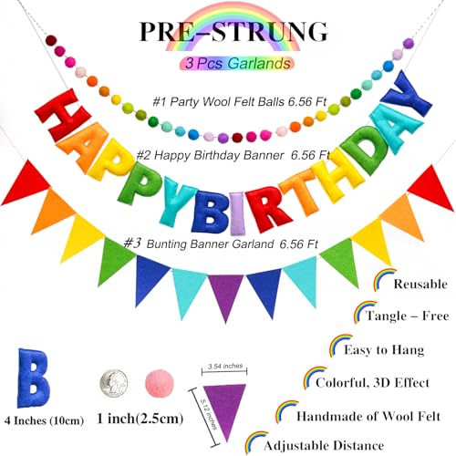 3 Pcs Pre-Strung Happy Birthday Banner, Felt Ball Garland, Pennant Triangle Flags, Rainbow Party Decorations, HAPPY BIRTHDAY Garland, Personalized Holiday Sign for Birthday Decor, Party Supplies, Photo Prop ( Felt Banner + Pennant Flags + Rainbow Balls) -