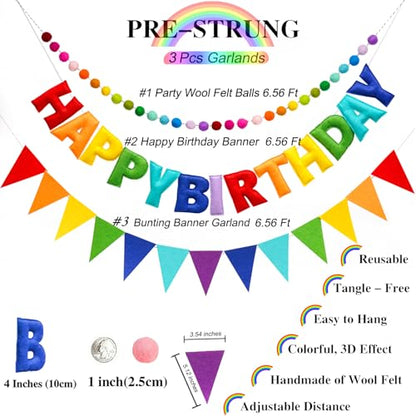 3 Pcs Pre-Strung Happy Birthday Banner, Felt Ball Garland, Pennant Triangle Flags, Rainbow Party Decorations, HAPPY BIRTHDAY Garland, Personalized Holiday Sign for Birthday Decor, Party Supplies, Photo Prop ( Felt Banner + Pennant Flags + Rainbow Balls) -