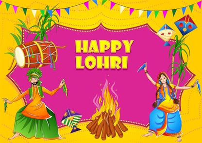 BELECO 5x3ft Fabric Happy Lohri Backdrop Indian Harvesting Festival Bonfire Music Dancing Photography Background India Holiday Celebration Party Decoration Banner Photo Booth Shoot Props - size: 5x3FT