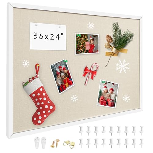 24x36 Inch Cork Board for Wall Hanging with Linen, Bulletin Board with Push Pins, Mounted Memo Message Board for Home Office Decor, Dorm Room Essentials, Classroom Organization - color: Natural Wood Frame, size: 36*24inch