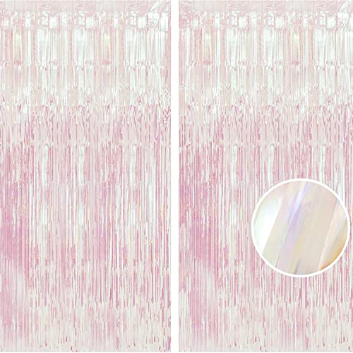 BRAVESHINE Iridescent Foil Fringe Backdrop - 2 Pack 3.2x6.5ft Holographic Tinsel Photo Booths Pros Streamer Curtains for Girl/16th Birthday/Engagement/Bridal/Anniversary/Bachelorette Party Decorations - color: Clear